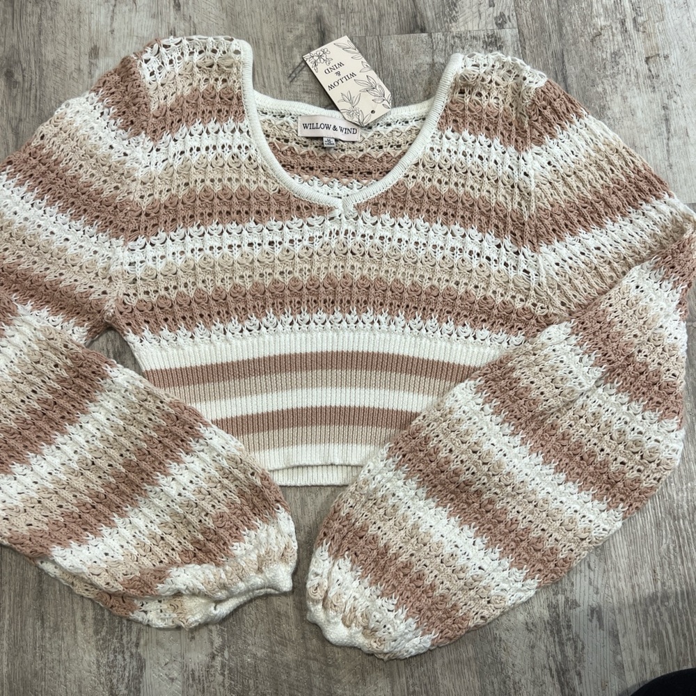 Willow & Wind Women's Striped Knit Blouse - Cream and Brown